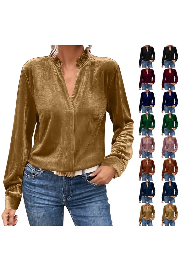 Velvet Shirts for Women Dressy Casual Long Sleeve V Neck Blouse Solid Color Ruffle Trim V Neck Holiday Tops, Black, L