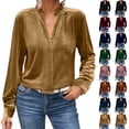 thumbnail image 1 of QATAINLAV Velvet Shirts for Women Dressy Casual Long Sleeve V Neck Blouse Solid Color Ruffle Trim V Neck Holiday Tops, Green, XXL, 1 of 9