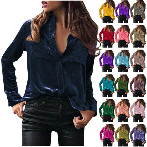 QATAINLAV Velvet T-Shirts for Women Casual Solid Turndown Neck Loose Tops Fall Winter Long Sleeve Blouse Work Business Shirts Green XXL Sales For Today