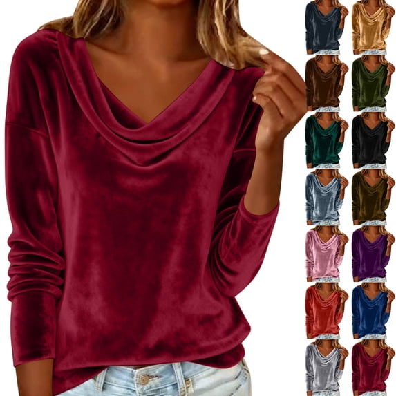 QATAINLAV Velvet Tops for Women Dressy Casual Cowl Neck Long Sleeve Shirts Solid Color Velour Blouses Holiday Party Outfits, Gray, XXXXXL