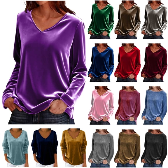QATAINLAV Dressy Velvet Shirts for Women Solid Color Vintage Long Sleeve Tops Causal V Neck Pullover Loose Tunic Blouses Blue M