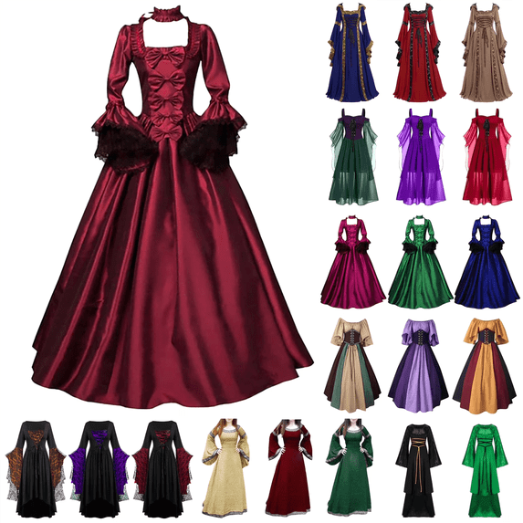 QATAINLAV Victorian Dress Ball Gown Women Vintage Medieval Renaissance Dress Wedding Party Dresses Lace Trumpet Sleeve Cocktail Dress Hot Pink XL
