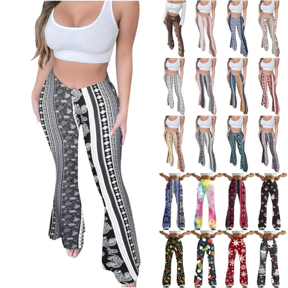 QATAINLAV Vintage Print Bell Bottom Pants for Women Casual Flared Hippie Pants High Waisted Milk Silk Soft Leggings Ropa de Verano Para Mujer White 3XL