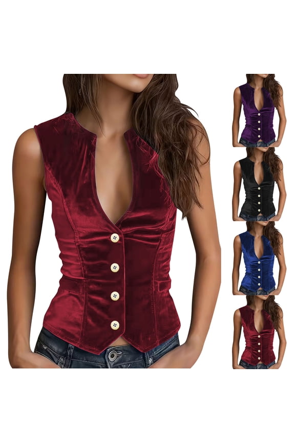 Vintage Velvet Suit Vest for Women Sleeveless V Neck Cropped Waistcoat Solid Casual Button Down Tops, Wine, S