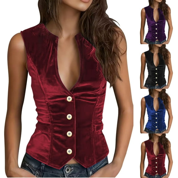 QATAINLAV Vintage Velvet Suit Vest for Women Sleeveless V Neck Cropped Waistcoat Solid Casual Button Down Tops, Wine, XXL