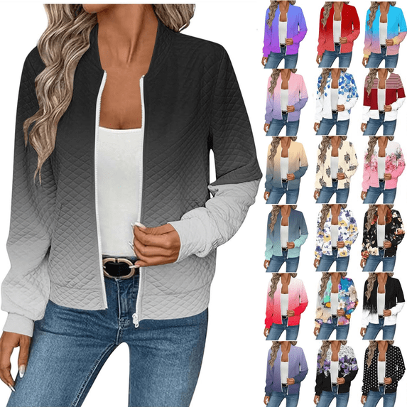 QATAINLAV Waffle Knit Bomber Jacket Women Zip Up Textured Lightweight Baseball Jacket Casual Gradient Floral Print Coats with Pockets