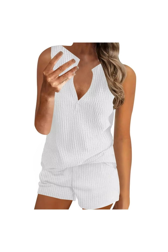 Waffle Knit Lounge Set for Women Sleeveless Tank Tops and Shorts with Pockets Pajamas Sets 2024 Solid Color V Neck Vest Workout Shorts Activewear Outfits Daily Sales White L