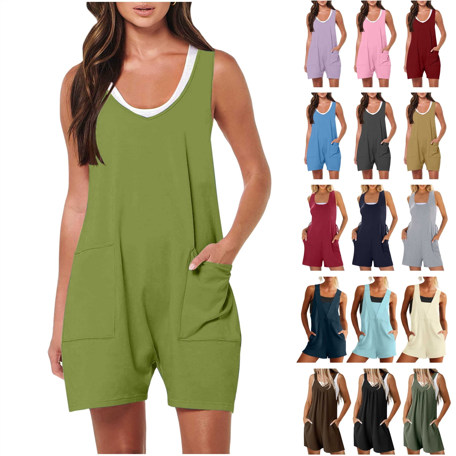 QATAINLAV Waffle Rompers for Women 2025 Cute Short Overalls Solid Color ...