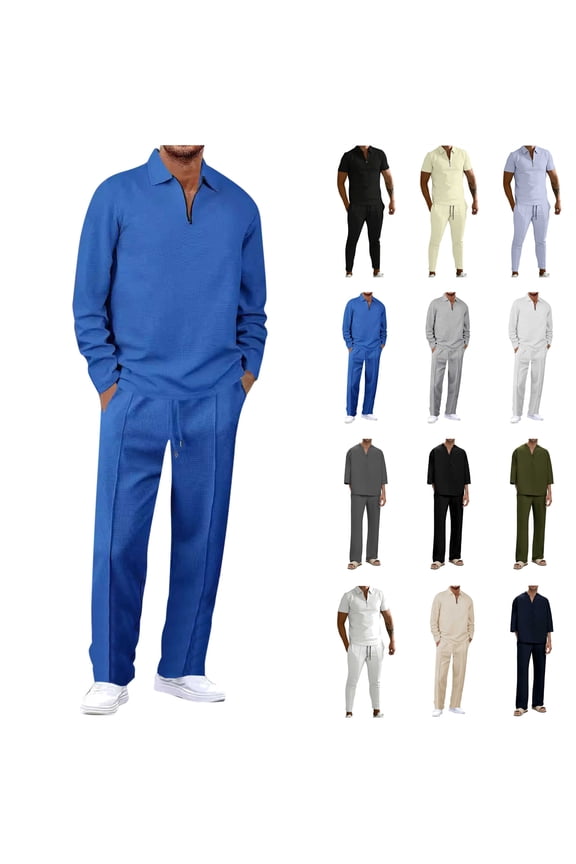 Waffle Sweatsuit for Men Quarter Zip Lapel Long Sleeve Polos Shirts and Drawstring Sweatpants 2 Piece Jogging Outfits, Gray, XL