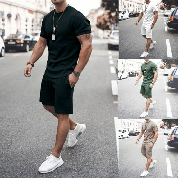 QATAINLAV Warehouse Sales Today 2024 Casual Sport Set for Mens Muscle Fit Crewneck T-Shirts Matching Short Sweatpants with Pockets Two Piece Outfits White XL