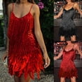thumbnail image 1 of QATAINLAV Wedding Guest Dresses for Women Trendy Sequin Sparkly Dance Dress Casual Sleeveless Spaghetti Straps Mini Dress Vintage Tassels Flapper Dress Prime By Hour Red L, 1 of 9