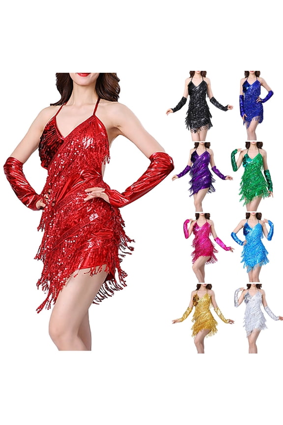 Weekly Sales Womens Sequin Tassel Flapper Dress Glitter Sleeveless Straps Halter Latin Dress 1920s Fringed Dress for Wedding Guest Hot Pink Free Size