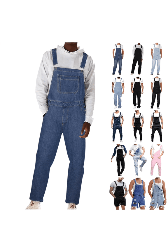 Weekly Sale Men's Jean Jumpsuits Distressed Ripped Frayed Hem Denim Overalls Casual Slim Fit Hole Jeans Solid Color One Piece Bib Overall with Pockets Black M