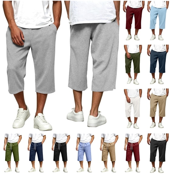 QATAINLAV White Mens Elastic Waist Drawstring Sweat Shorts Baggy Wide Leg Cropped Sweatpants Casual Athletic Capri Pants with Pockets L