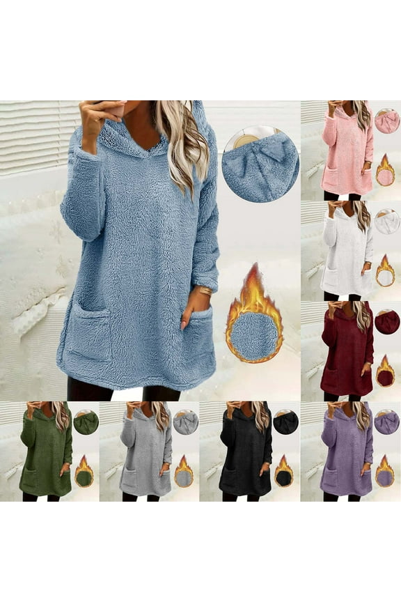 White Winter Sherpa Hooded Sweatshirts for Women Cute Fuzzy Long Sleeve Hoodie Casual Mini Sweater Dress with Pockets
