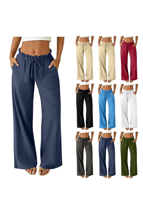 White Women's Baggy Wide Leg Linen Casual Pants Summer Drawstring Ruffle High Waist Palazzo Trousers with Pockets L