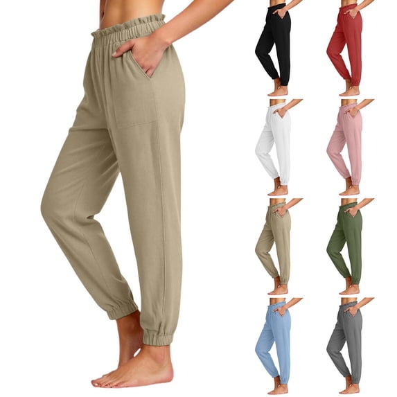QATAINLAV White Women's Linen Joggers Pants Summer Lightweight Travel Beach Pants Solid Casual Elastic Waist Trousers with Pockets L