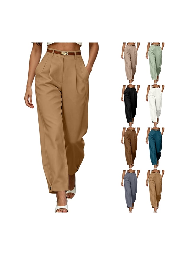 White Women's Summer High Waisted Dressy Pants Casual Loose Pleated Button Bottom Trousers for Work Office Slacks with Pockets S