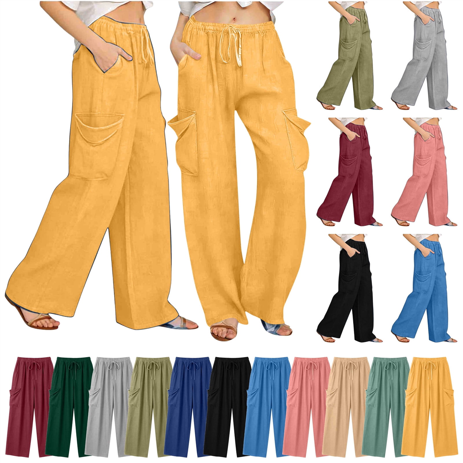 QATAINLAV White Womens Drawstring Summer Cargo Pants with Pockets Loose ...