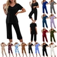 thumbnail image 1 of QATAINLAV Womens Pajama Sets Solid Color Casual Short Sleeve Tops with Capri Pants Sleepwear 2 Piece Loungewear Set, White, XL, 1 of 8