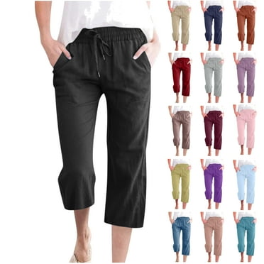 QATAINLAV Wide Leg Cropped Pants for Women Summer Comfy Linen Capri Pants Casual Drawstring Straight Beach Pants Solid Color Capris Trousers with Pockets Sales Today Black S