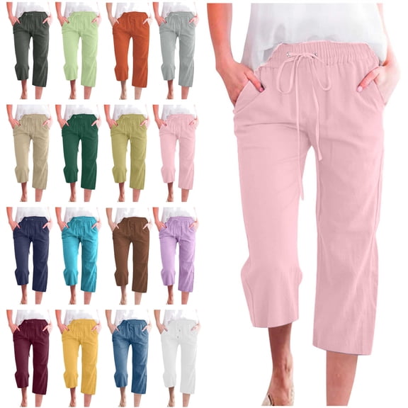 QATAINLAV Wide Leg Cropped Pants for Women Summer Comfy Linen Capri Pants Casual Drawstring Straight Beach Pants Solid Color Capris Trousers with Pockets Pink XXL