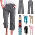 thumbnail image 1 of QATAINLAV Wide Leg Cropped Pants for Women Summer Comfy Linen Capri Pants Casual Drawstring Straight Beach Pants Solid Color Capris Trousers with Pockets Rose Gold XXXXXL, 1 of 6