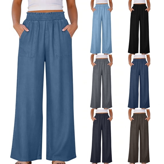 QATAINLAV Wide Leg Jeans Woman Elasitc High Waisted Denim Trousers Loose Casual Pull On Fake Jean Pants with Pockets Dark Gray S