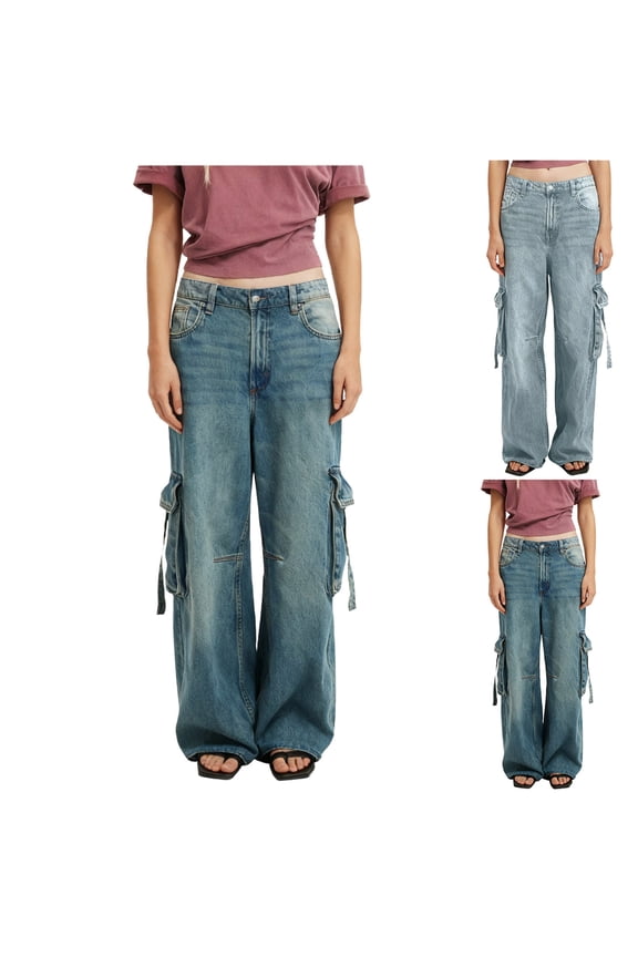 Wide Leg Jeans for Women High Waisted Baggy Ripped Jean Cargo Pants Solid Color Multi Pockets Denim Trousers, Blue, S