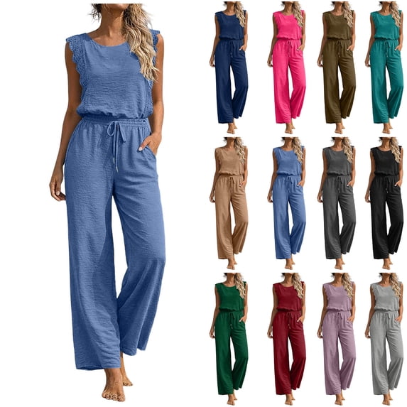 QATAINLAV Wide Leg Jumpsuits for Women Summer Linen Sleeveless Ruffle Drawstring Waist Overalls with Pockets Vacation Beach Clothes Hot Pink XL