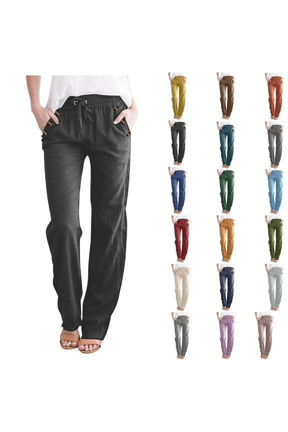 Wide Leg Pants Woman 2025 Summer Linen Lightweight Pants Casual Drawstring Solid Trousers Baggy Comfy Elastic Waist Long Pants with Pockets Gifts for Mom Black S