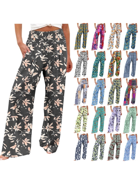 Wide Leg Pants for Women Casual High Waist Floral Palazzo Pants Baggy Flowy Lounge Boho Beach Trousers with Pockets Multicolor M Today's Sales
