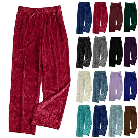 QATAINLAV Wide Leg Pants for Women Elastic High Waisted Baggy Lounge Pant Casual Velvet Cozy Yoga Sweatpants Solid Color Trousers with Pockets Wine XXL Prime Sales Today