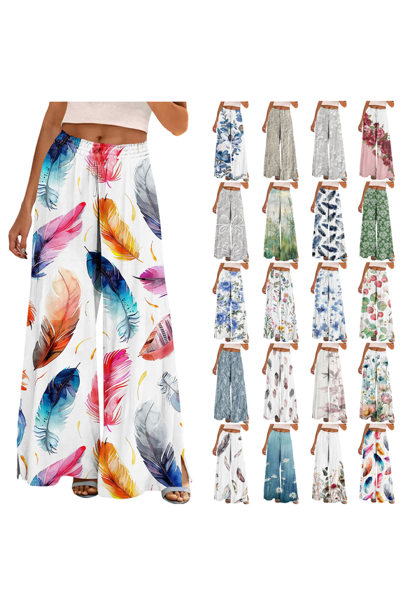 Wide Leg Pants for Women Fashion Floral Print Boho Beach Pants Casual High Waisted Flowy Lounge Palazzo Trousers Multicolor S