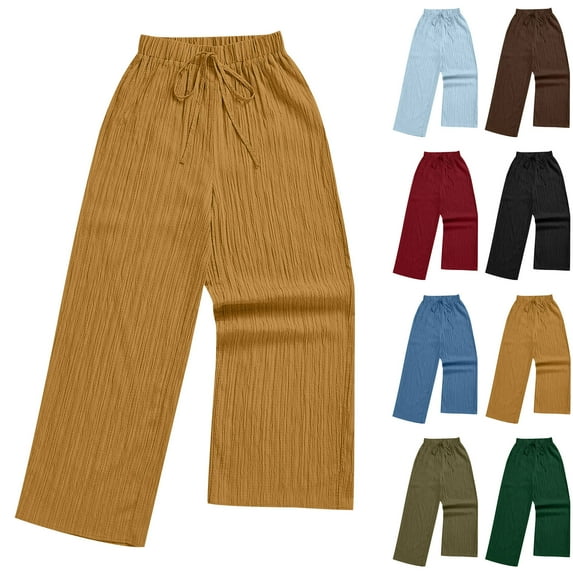 QATAINLAV Wide Leg Pants for Women Loose Fit Pleated Lounge Trousers Solid Casual Drawstring Elastic High Waisted Yoga Pants with Pockets Army Green XXXL Summer Savings