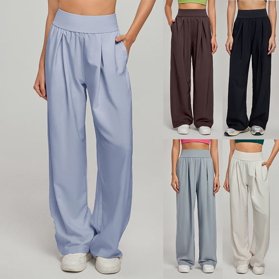 QATAINLAV Wide Leg Pants for Women High Waist Pleated Yoga Pant Solid Causal Loose Dress Work Sweatpants with Pockets, Black, M