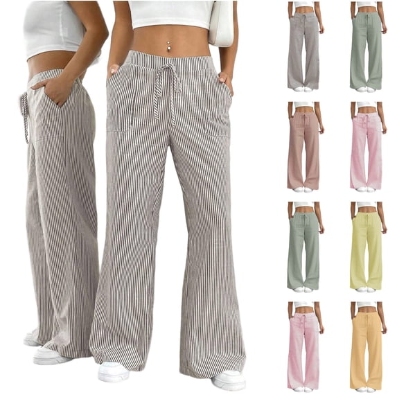 QATAINLAV Wide Leg Pants for Women Striped Palazzo Trousers High Waisted Casual Summer Flowy Elastic Waist Travel Bottoms Yellow M