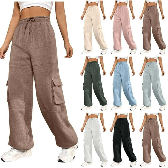 QATAINLAV Cargo Joggers Pants for Women Drawstring Adjustable Cinch Bottom Wide Leg Sweatpants Casual Multi Pockets Solid Color Work Trousers Khaki S