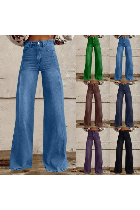 Flare Jeans for Women Loose Wide Leg Denim Pants Solid Casual Button High Waisted Jean Trousers with Pockets Fall Streetwear Army Green S