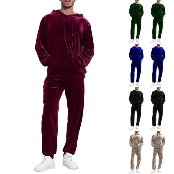 QATAINLAV Wine Men's Velour Hoodie Tracksuit 2 Pieces Set Solid Color Casual Jogging Suits Hooded Sweatshirt and Cinch Bottom Sweatpants Sweatsuits M