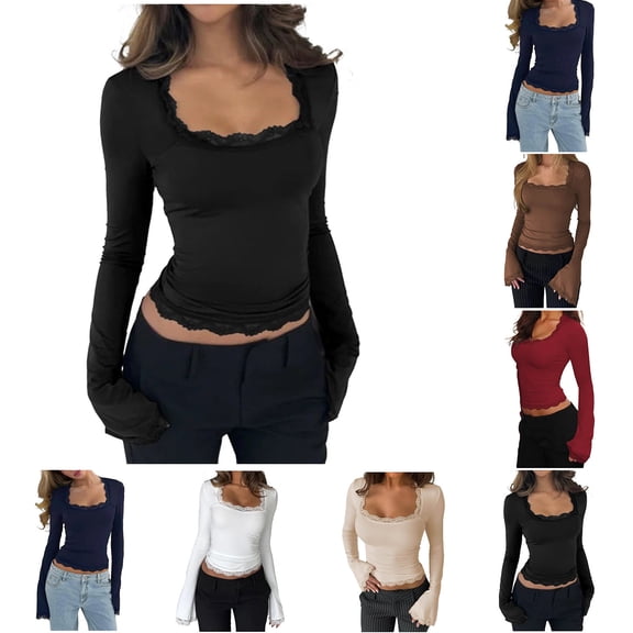 QATAINLAV Wine Women's Y2k Long Sleeve Cropped Tops Cute Lace Trim Square Neck Tee Shirts Slim Fit Pullover Streetwear