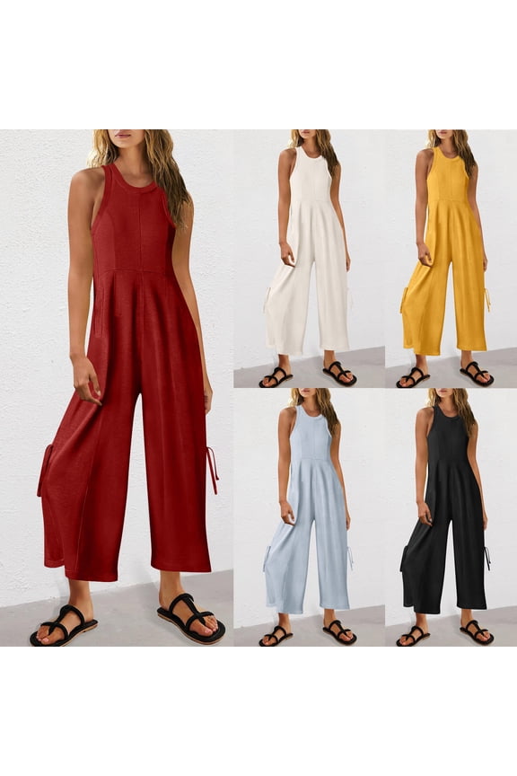 Wine Womens Loose Casual Tank Jumpsuits Summer Sleeveless Wide Leg Jumper Romper Solid Color Crew Neck Pants Overalls with Pockets L