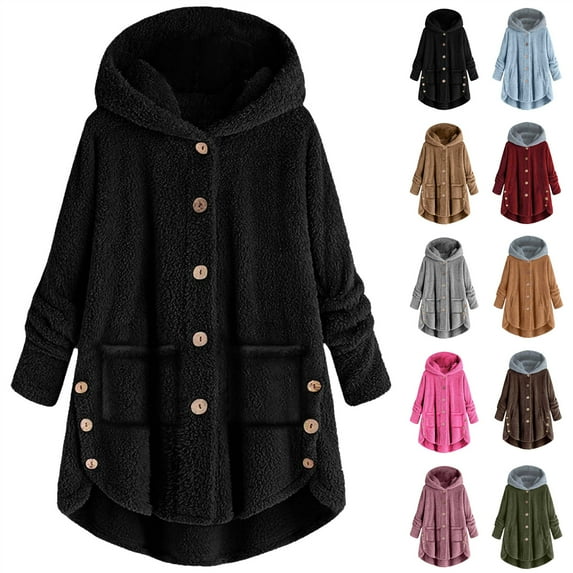 QATAINLAV Winter Coats for Women Fuzzy Fleece Button Up Hooded Jackets Solid Casual Soft Warm Hoodies with Pocket Oversized Clothes Gray S Limited Time Deal