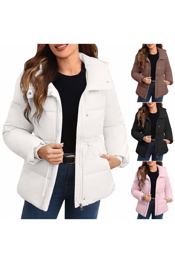 Winter Coats for Women Casual Drawstring Waist Warm Quilted Jacket Long Sleeve Hooded Down Puffer Outerwear with Pockets, White, XXL