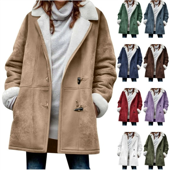 QATAINLAV Winter Coats for Women Fashion Horn Button Long Jackets Fleece Sherpa Lined Warm Pea Coat Outerwear, Army Green, XXXXXL