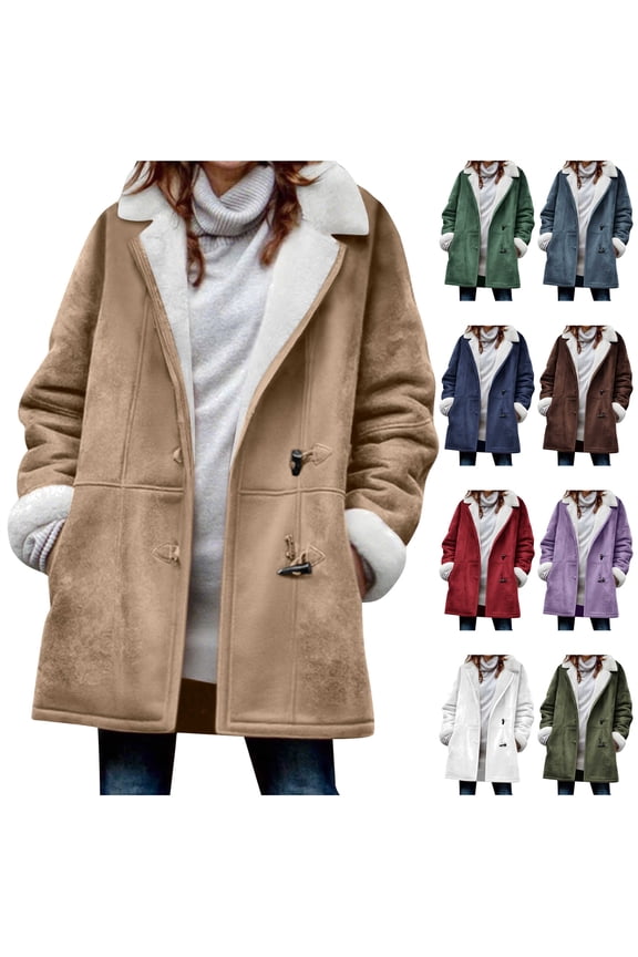 Winter Coats for Women Fashion Horn Button Long Jackets Fleece Sherpa Lined Warm Pea Coat Outerwear, Black, XL