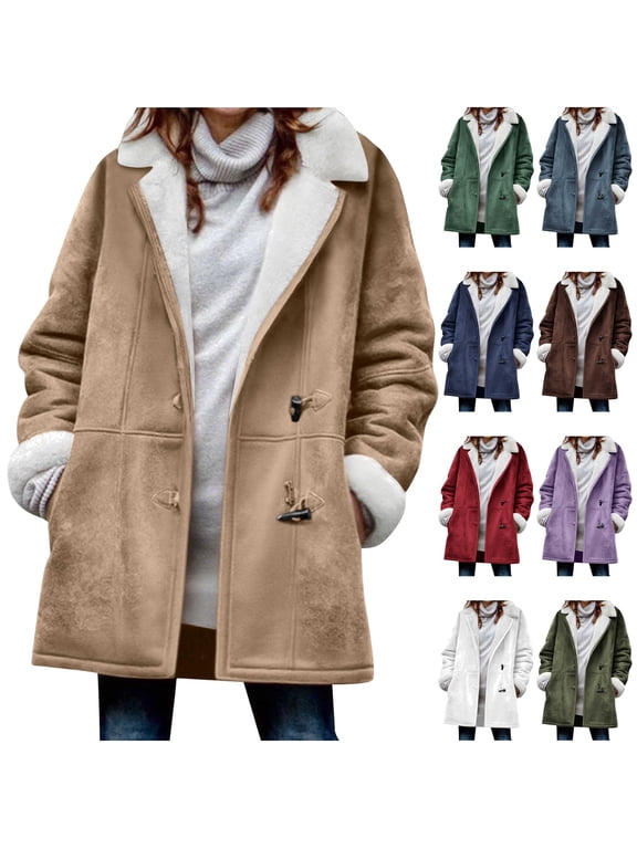 Winter Coats for Women Fashion Horn Button Long Jackets Fleece Sherpa Lined Warm Pea Coat Outerwear, Gray, XXL