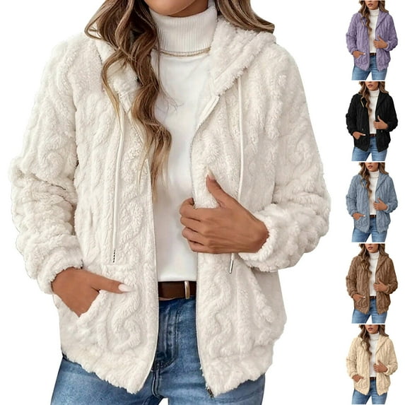 QATAINLAV Winter Coats for Women Shaggy Faux Fur Zip Up Jacket Solid Color Warm Hooded Shacket Outwear with Pockets, Black, XL