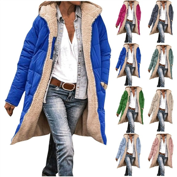 QATAINLAV Winter Coats for Women Solid Color Long Sleeve Puffer Jackets Sherpa Fleece Lined Reversible Hoodie Outerwear with Pockets, Army Green, L