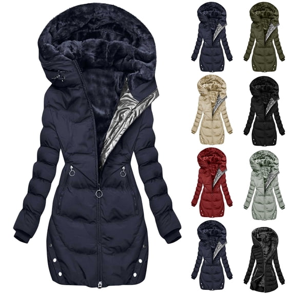 QATAINLAV Winter Coats for Women Thicken Fleece Lined Down Jacket Long Sleeve Hooded Puffer Coat with Pockets Warm Outwear, Black, S